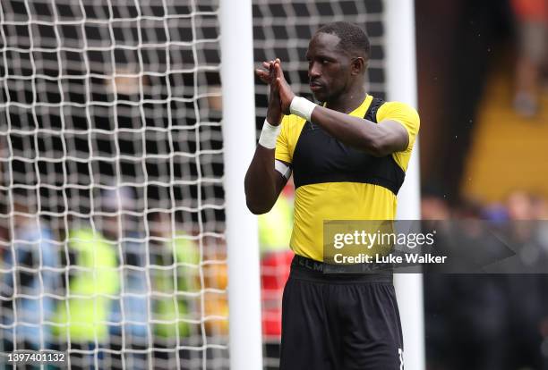 Moussa Sissoko of Watford FC reacts following the Premier League match between Watford and Leicester City at Vicarage Road on May 15, 2022 in...