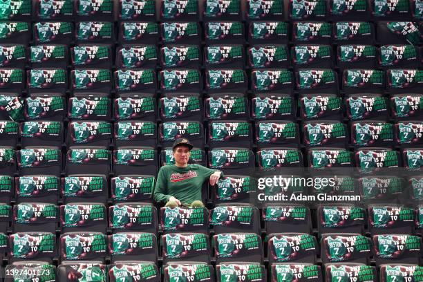 Milwaukee Bucks fan looks on before Game Seven of the 2022 NBA Playoffs Eastern Conference Semifinals between the Milwaukee Bucks and the Boston...