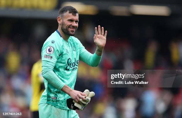 Ben Foster of Watford FC interacts with the crowd following the Premier League match between Watford and Leicester City at Vicarage Road on May 15,...