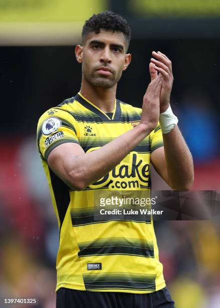 Adam Masiana of Watford FC interacts with fans following the Premier League match between Watford and Leicester City at Vicarage Road on May 15, 2022...