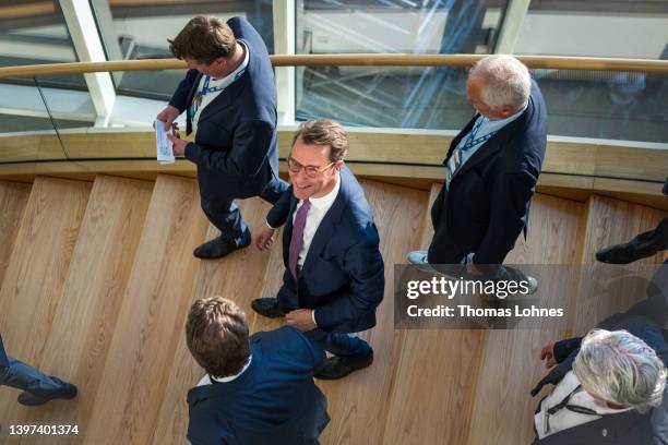Hendrik Wuest, incumbent and top candidate of the German Christian Democrats , walkes to a media statements after his good results in state elections...