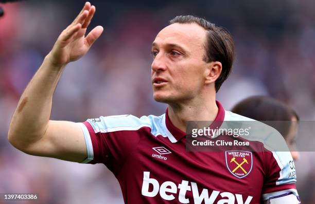 Mark Noble of West Ham United reacts after playing their last home game for West Ham United following the Premier League match between West Ham...