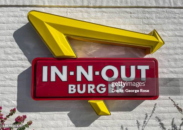 The entrance to In-N-Out Burger, located off Interstate 10, is viewed on May 10, 2022 in Cathedral City, California. The Coachella Valley, located...