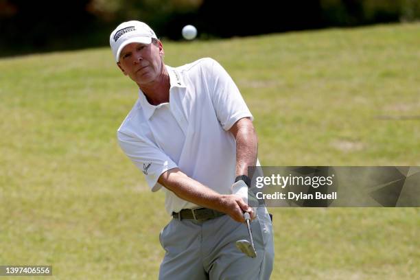 Steve Stricker plays his shot on the seventh hole during the final round of the Regions Tradition at Greystone Golf and Country Club on May 15, 2022...