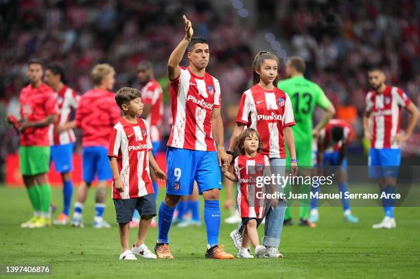 Luis Suarez of Atletico Madrid interacts with the crowd following the LaLiga Santander match between Club Atletico de Madrid and Sevilla FC at...