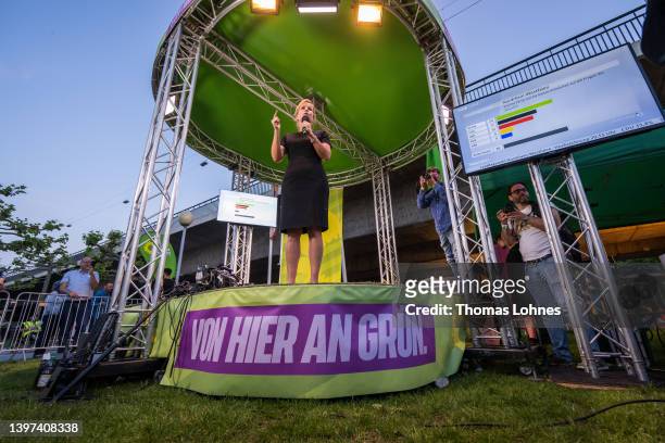 North-Rhine Westphalia Green's top candidate Mona Neubaur speaks at the election party of the Green's following exit polls in North Rhine-Westphalia...