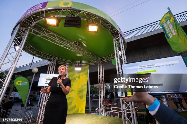 North-Rhine Westphalia Green's top candidate Mona Neubaur speaks at the election party of the Green's following exit polls in North Rhine-Westphalia...