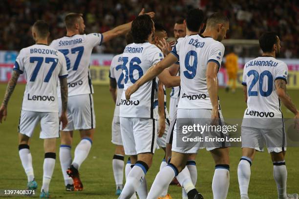 Matteo Dramian of Inter celebrates his goal 0-1 during the Serie A match between Cagliari Calcio and FC Internazionale at Sardegna Arena on May 15,...