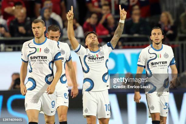 Lautaro Martinez of Inter celebrates his goal 0-2 during the Serie A match between Cagliari Calcio and FC Internazionale at Sardegna Arena on May 15,...