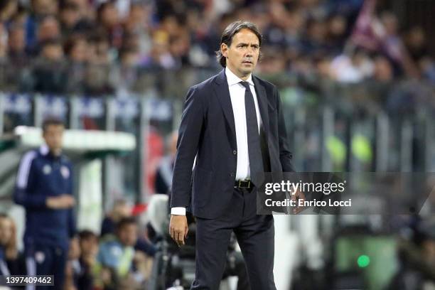 Simone Inzaghi coach of Inter reacts during the Serie A match between Cagliari Calcio and FC Internazionale at Sardegna Arena on May 15, 2022 in...