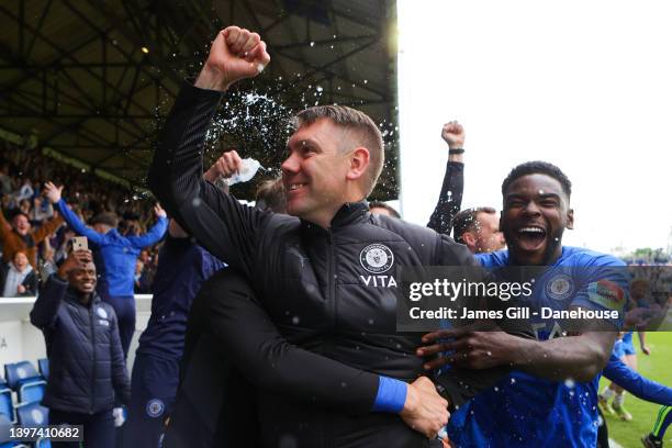 Dave Challinor, manager of Stockport County, celebrates on the final whistle following the Vanarama National League match between Stockport County...