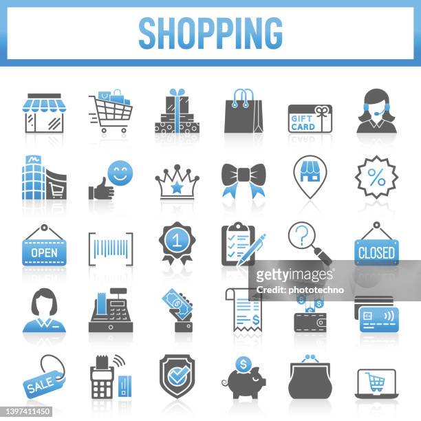modern shopping icons collection. the set contains icons: shopping, store, shopping mall, shopping cart, shopping bag, sale, retail, buying, supermarket, market - retail space, open, shopping list - home delivery icon stock illustrations