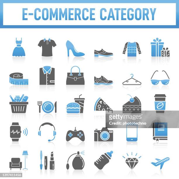 modern e-commerce category icons collection. the set contains icons: e-commerce, online shopping, shopping, delivering, store, fashion, clothing, jewelry, food, fast food, supermarket, electronic - headphones in store stock illustrations