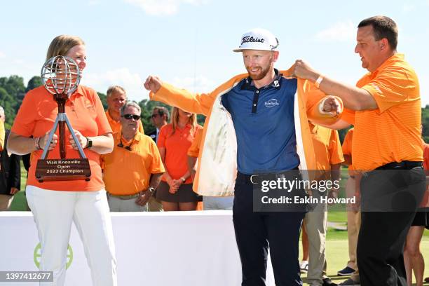 Anders Albertson receives his jacket and trophy after winning the Visit Knoxville Open following the final round of the Visit Knoxville Open at...