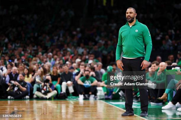 Head coach Ime Udoka of the Boston Celtics looks on during the first quarter against the Milwaukee Bucks in Game Seven of the 2022 NBA Playoffs...