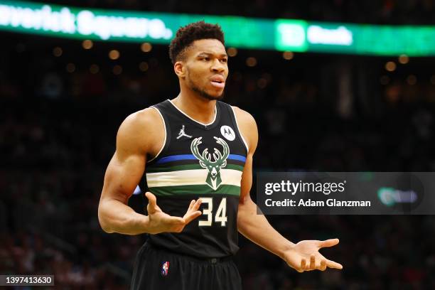 Giannis Antetokounmpo of the Milwaukee Bucks reacts during the first quarter against the Boston Celtics in Game Seven of the 2022 NBA Playoffs...