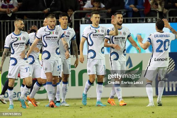 Lautaro Martinez of Inter celebrates his goal 1-3 during the Serie A match between Cagliari Calcio and FC Internazionale at Sardegna Arena on May 15,...