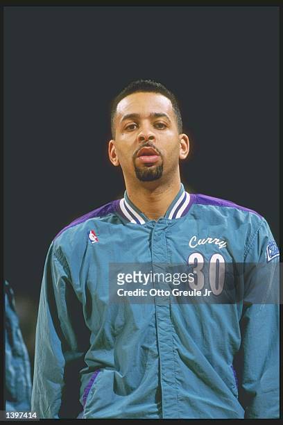 Guard Dell Curry of the Charlotte Hornets stands on the court before a game against the Portland Trailblazers at the Rose Garden in Portland, Oregon....