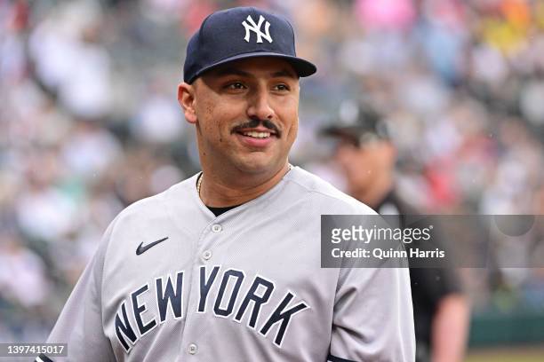 Starting pitcher Nestor Cortes of the New York Yankees reacts after finishing the eighth inning against the Chicago White Sox at Guaranteed Rate...