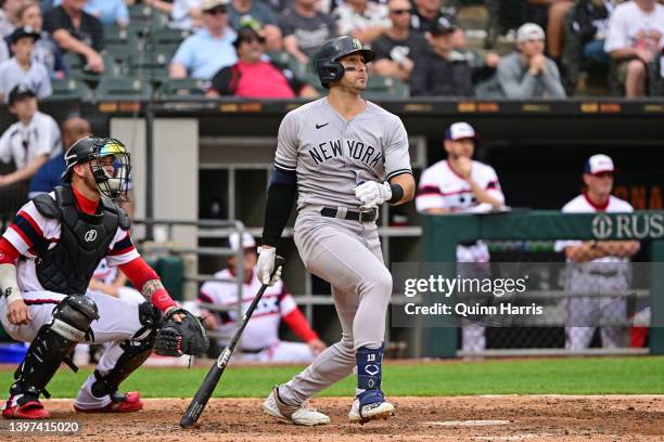 Joey Gallo of the New York Yankees hits a two run home run in the ninth inning against the Chicago White Sox at Guaranteed Rate Field on May 15, 2022...