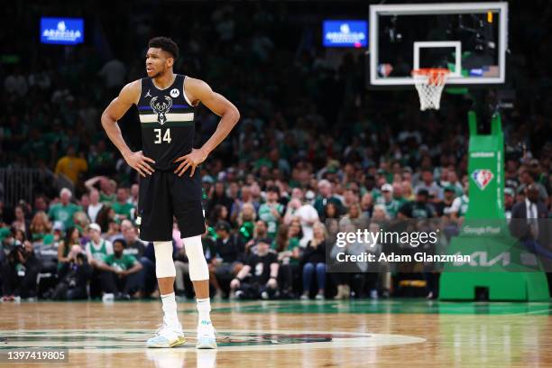 Giannis Antetokounmpo of the Milwaukee Bucks reacts during the second quarter against the Boston Celtics in Game Seven of the 2022 NBA Playoffs...