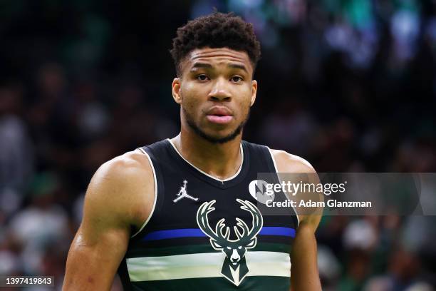 Giannis Antetokounmpo of the Milwaukee Bucks reacts during the second quarter against the Boston Celtics in Game Seven of the 2022 NBA Playoffs...