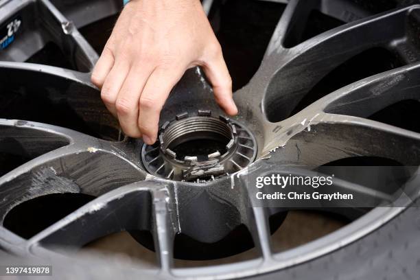 Detail view of the tire removed from the FOCUSfactor Chevrolet, driven by Erik Jones during a pit stop in the NASCAR Cup Series AdventHealth 400 at...