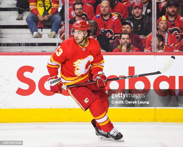 Johnny Gaudreau of the Calgary Flames in action against the Dallas Stars during Game Five of the First Round of the 2022 Stanley Cup Playoffs at...