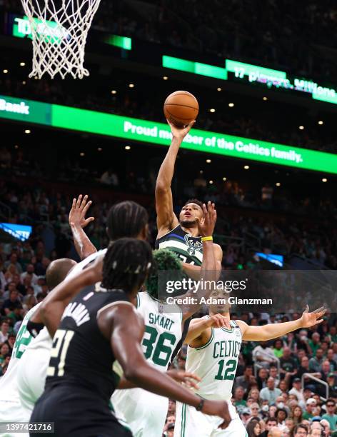 Giannis Antetokounmpo of the Milwaukee Bucks shoots the ball against the Boston Celtics during the third quarter in Game Seven of the 2022 NBA...