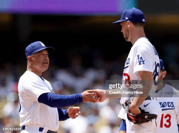 Manager Dave Roberts of the Los Angeles Dodgers comes to the mound to remove Michael Grove from the mound, in his major league debut against the...