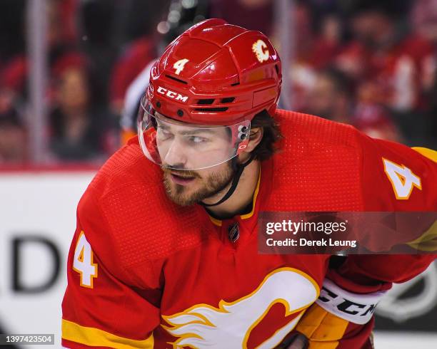 Rasmus Andersson of the Calgary Flames in action against the Dallas Stars during Game Five of the First Round of the 2022 Stanley Cup Playoffs at...