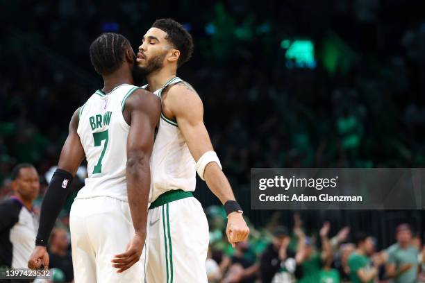 Jaylen Brown and Jayson Tatum of the Boston Celtics celebrate during the third quarter in Game Seven of the 2022 NBA Playoffs Eastern Conference...