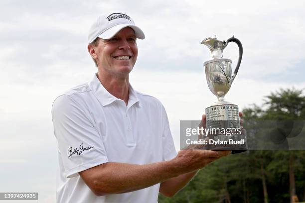 Steve Stricker poses with the trophy after winning the Regions Tradition at Greystone Golf and Country Club on May 15, 2022 in Birmingham, Alabama.