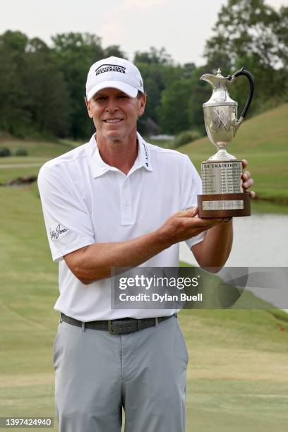 Steve Stricker poses with the trophy after winning the Regions Tradition at Greystone Golf and Country Club on May 15, 2022 in Birmingham, Alabama.