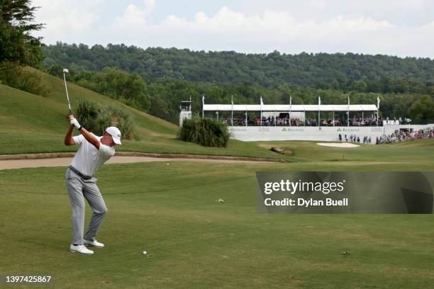 Steve Stricker plays his shot on the 18th hole during the final round of the Regions Tradition at Greystone Golf and Country Club on May 15, 2022 in...