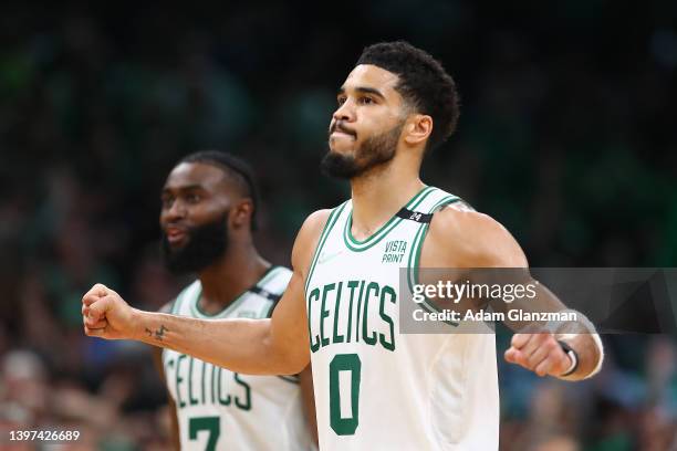 Jayson Tatum of the Boston Celtics reacts during the fourth quarter in Game Seven of the 2022 NBA Playoffs Eastern Conference Semifinals against the...