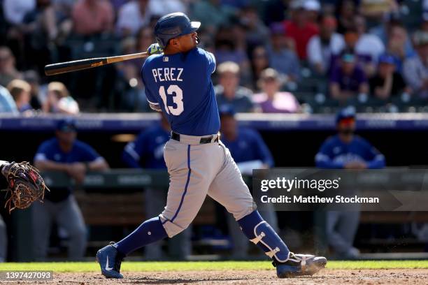 Salvador Perez of the Kansas City Royals two RBI single to take the leads against the Colorado Rockies in the ninth inning at Coors Field on May 15,...