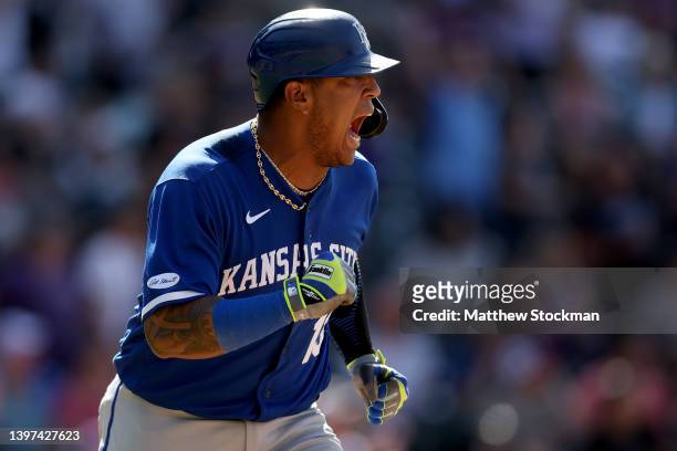 Salvador Perez of the Kansas City Royals celebrates after hitting a two RBI single to take the leads against the Colorado Rockies in the ninth inning...