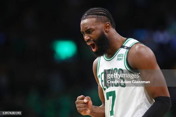 Jaylen Brown of the Boston Celtics reacts during the third quarter in Game Seven of the 2022 NBA Playoffs Eastern Conference Semifinals against the...