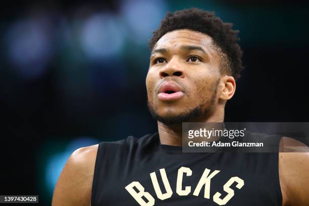 Giannis Antetokounmpo of the Milwaukee Bucks warms up before Game Seven of the 2022 NBA Playoffs Eastern Conference Semifinals against the Boston...