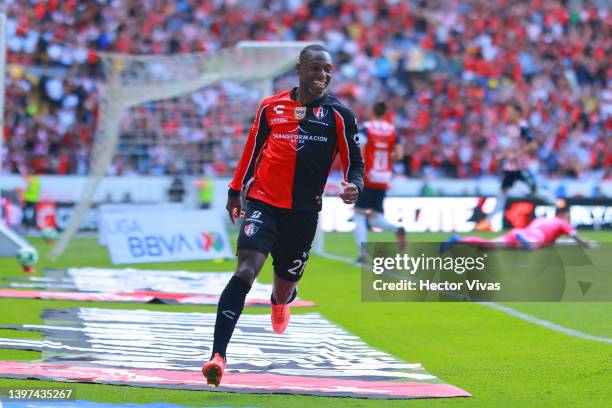 Anibal Chala of Atlas celebrates after scoring his team’s first goal during the quartefinals second leg match between Chivas and Atlas as part of the...