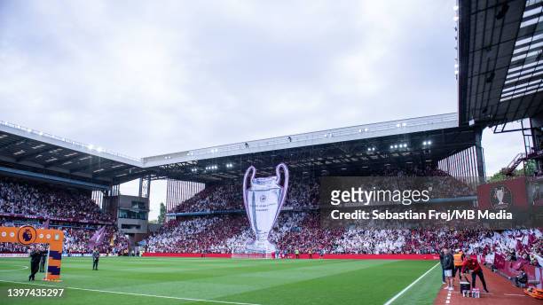 General view of the stadium and fans display to celebrate the 40th anniversary of Aston Villa winning the European cup before the Premier League...