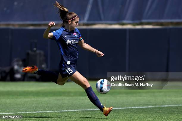 Alex Morgan of San Diego Wave FC takes a shot on goal during a game against the Chicago Red Stars at Torero Stadium on May 15, 2022 in San Diego,...