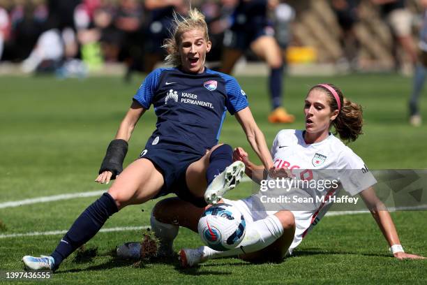 Kayla Sharples of the Chicago Red Stars tackles 1of the San Diego Wave drawing a penalty kick during the second half of a game at Torero Stadium on...