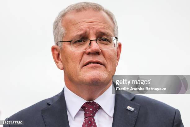 Prime Minister Scott Morrison speaks to the media at a press conference following a visit to Springfield Rise Sales & Information Centre, which is in...