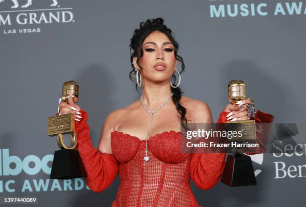 Kali Uchis poses backstage with awards for Top Latin Female Artist and Top Latin Song during athe 2022 Billboard Music Awards at MGM Grand Garden...