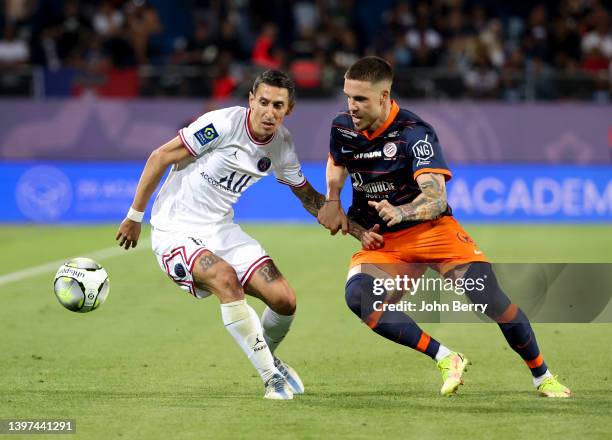Angel Di Maria of PSG, Mihailo Ristic of Montpellier during the Ligue 1 Uber Eats match between Montpellier HSC and Paris Saint Germain at Stade de...