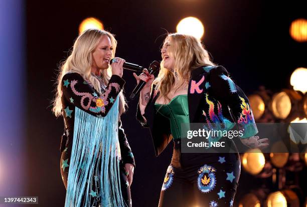 May 15: 2022 BILLBOARD MUSIC AWARDS -- Pictured: Miranda Lambert and Elle King perform on stage during the 2022 Billboard Music Awards held at the...