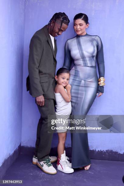 Travis Scott, Stormi Webster, and Kylie Jenner attend the 2022 Billboard Music Awards at MGM Grand Garden Arena on May 15, 2022 in Las Vegas, Nevada.