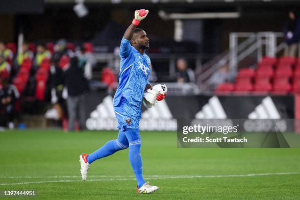 Bill Hamid of D.C. United raises his fist before the MLS game against Houston Dynamo at Audi Field on May 7, 2022 in Washington, DC.